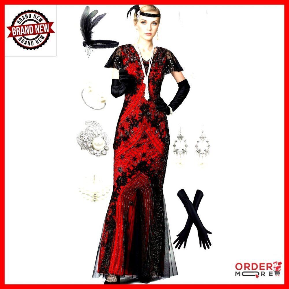 1920s Gatsby Floral Sequin Mermaid Formal Evening Dress with Accessories